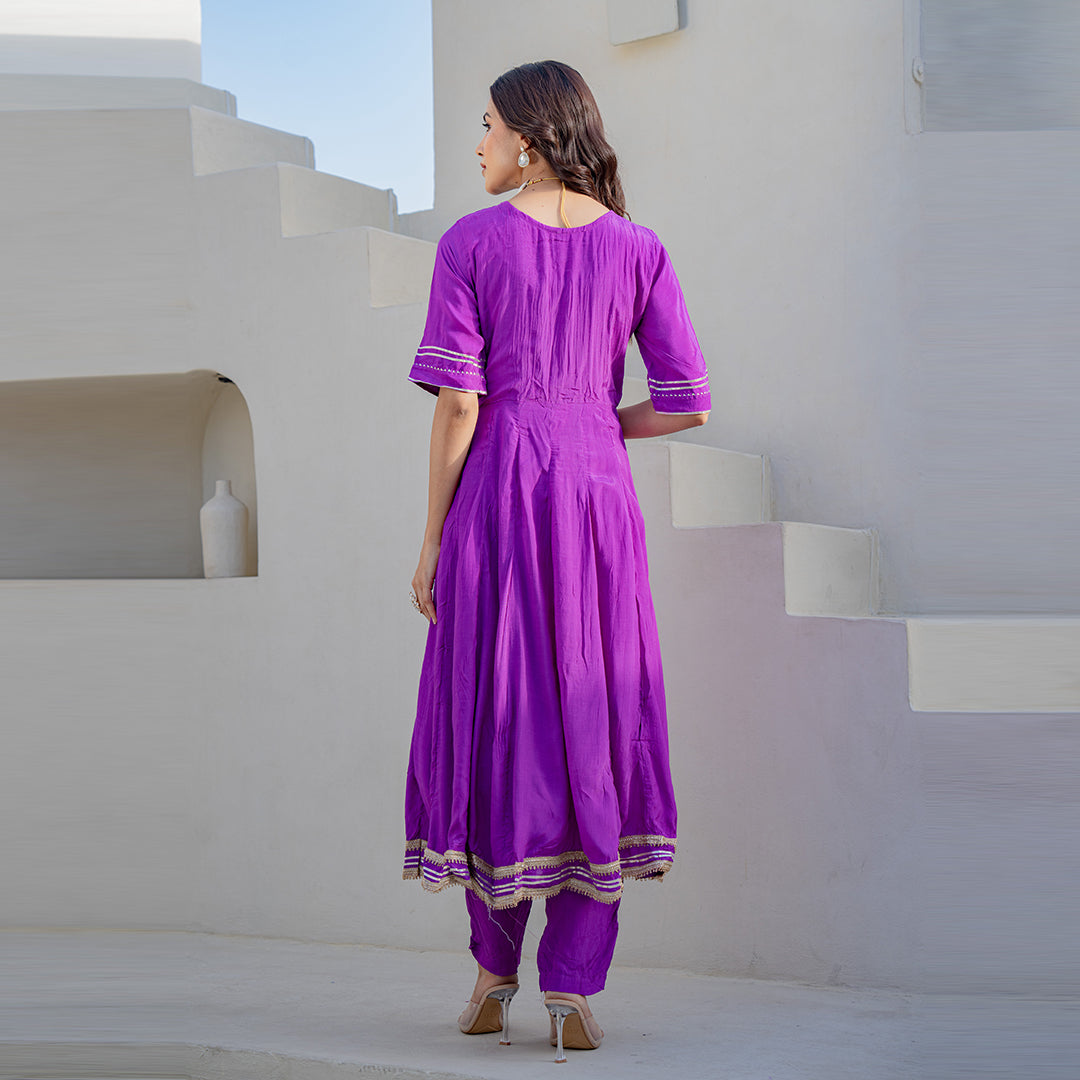 Lavender Gotta Patti Angrakha  Muslin Cotton Festive Suit