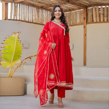 Tomato Red Gotta Patti Angrakha Muslin Cotton Festive Suit