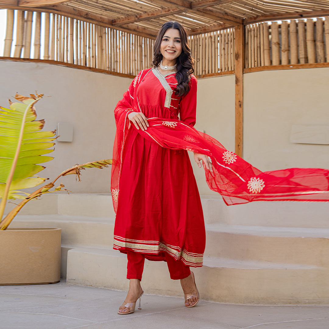 Tomato Red Gotta Patti Angrakha Muslin Cotton Festive Suit