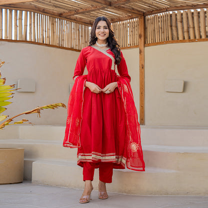 Tomato Red Gotta Patti Angrakha Muslin Cotton Festive Suit