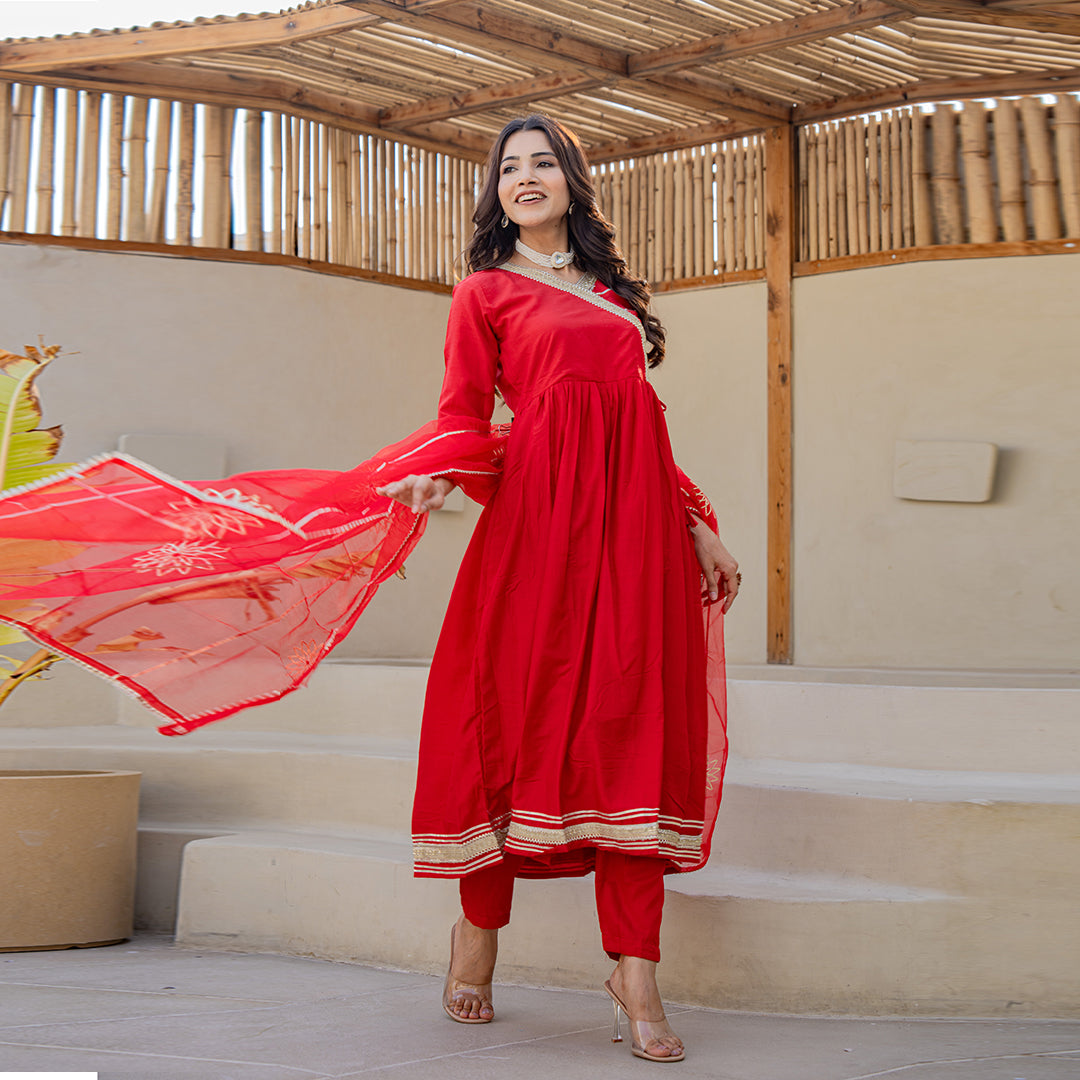 Tomato Red Gotta Patti Angrakha Muslin Cotton Festive Suit