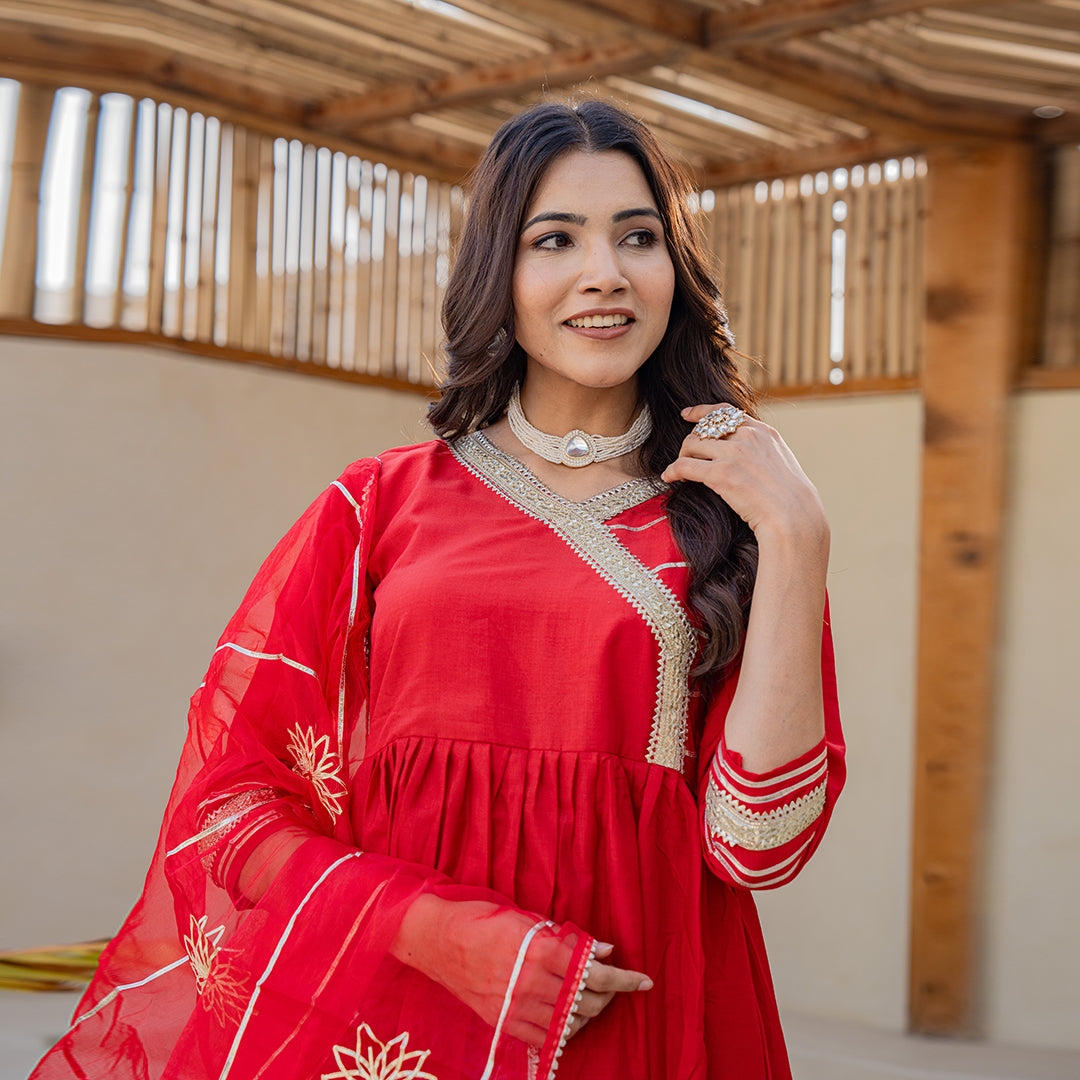 Tomato Red Gotta Patti Angrakha Muslin Cotton Festive Suit