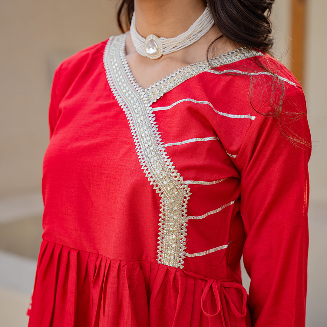 Tomato Red Gotta Patti Angrakha Muslin Cotton Festive Suit