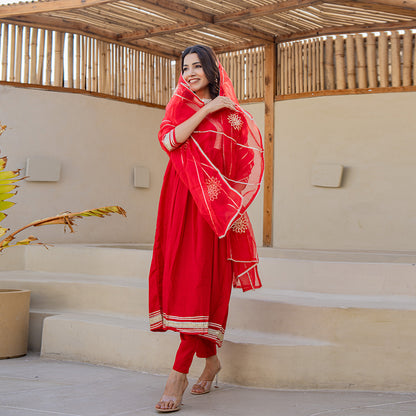 Tomato Red Gotta Patti Angrakha Muslin Cotton Festive Suit