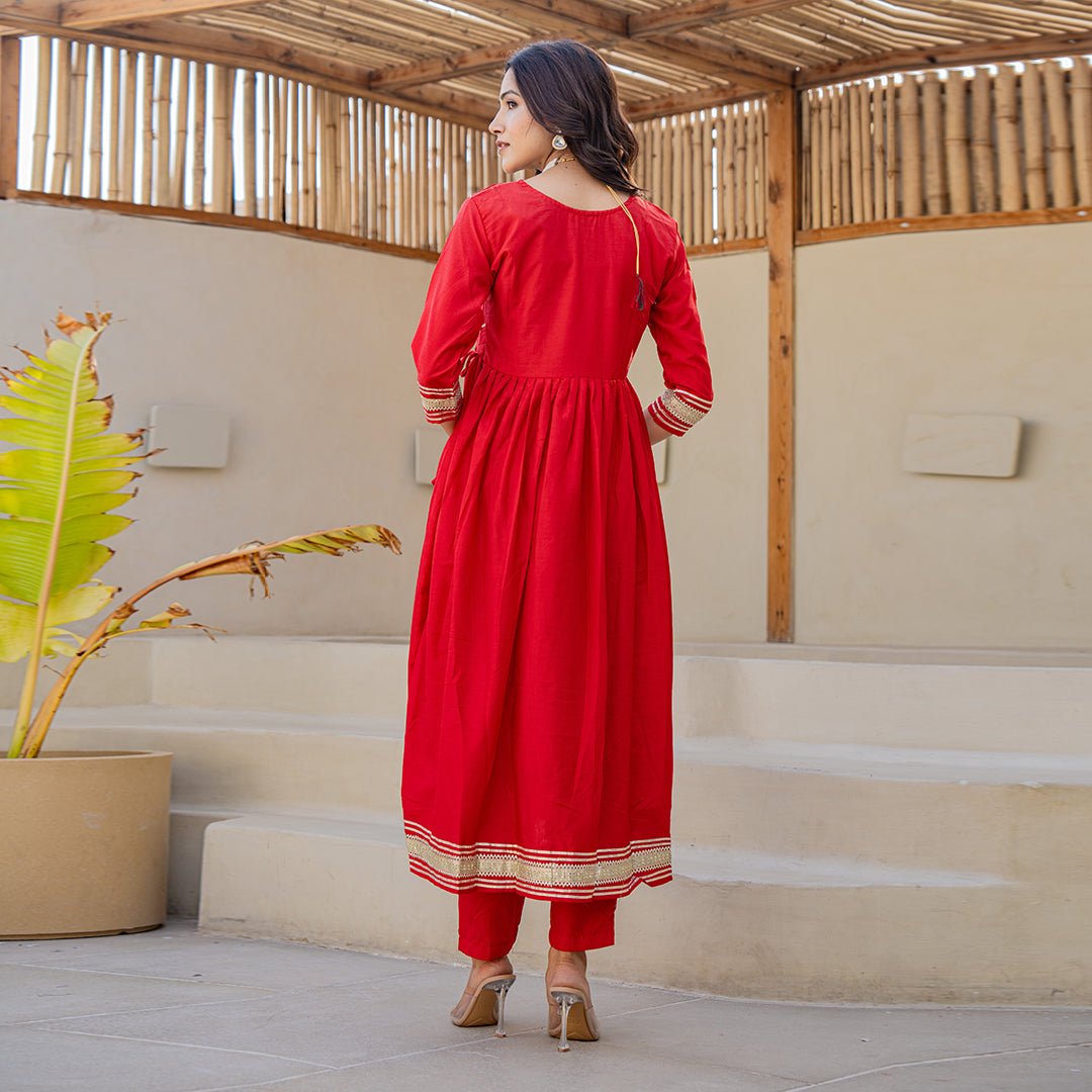 Tomato Red Gotta Patti Angrakha Muslin Cotton Festive Suit