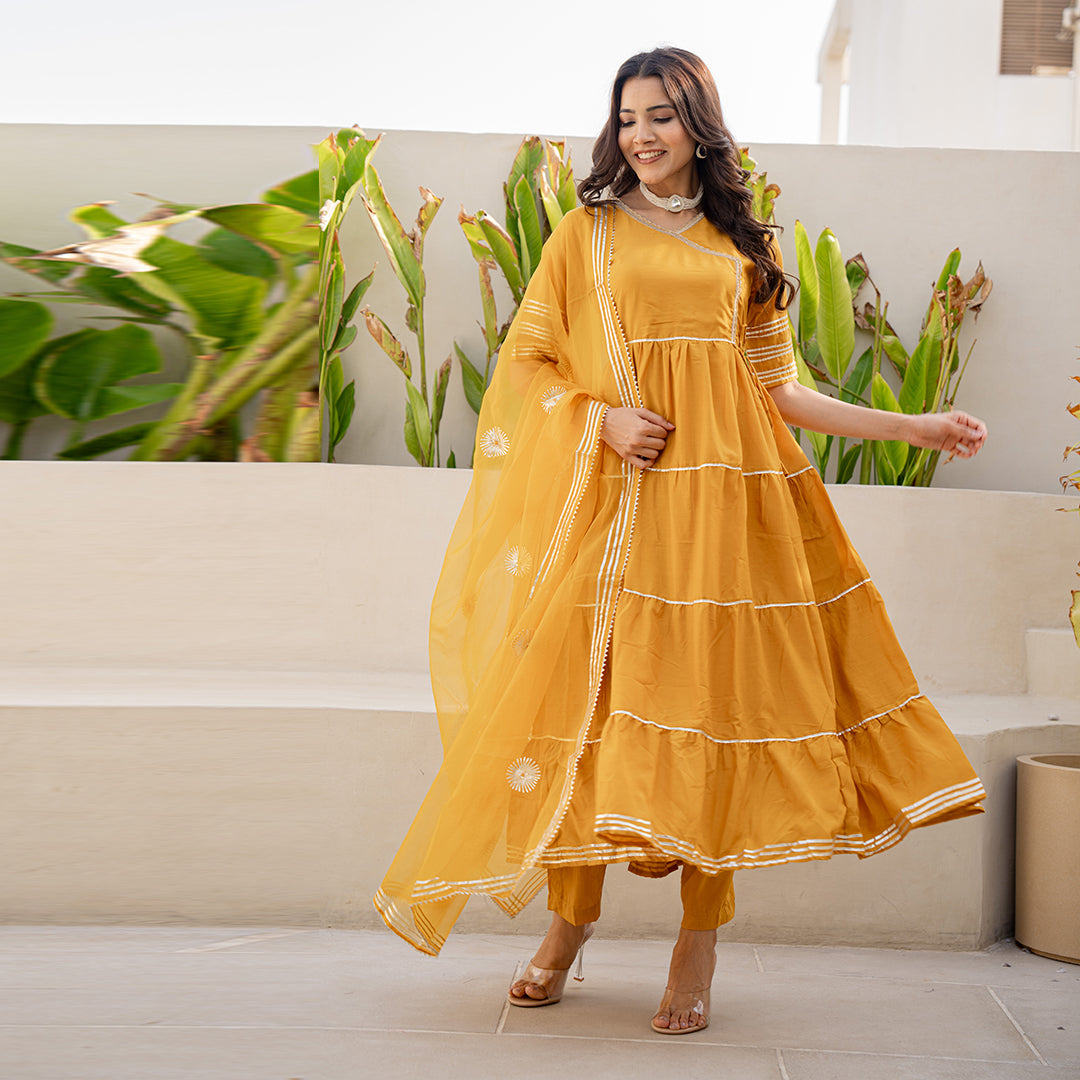 Mustard Yellow Gotta Patti Angrakha Muslin Cotton Festive Suit