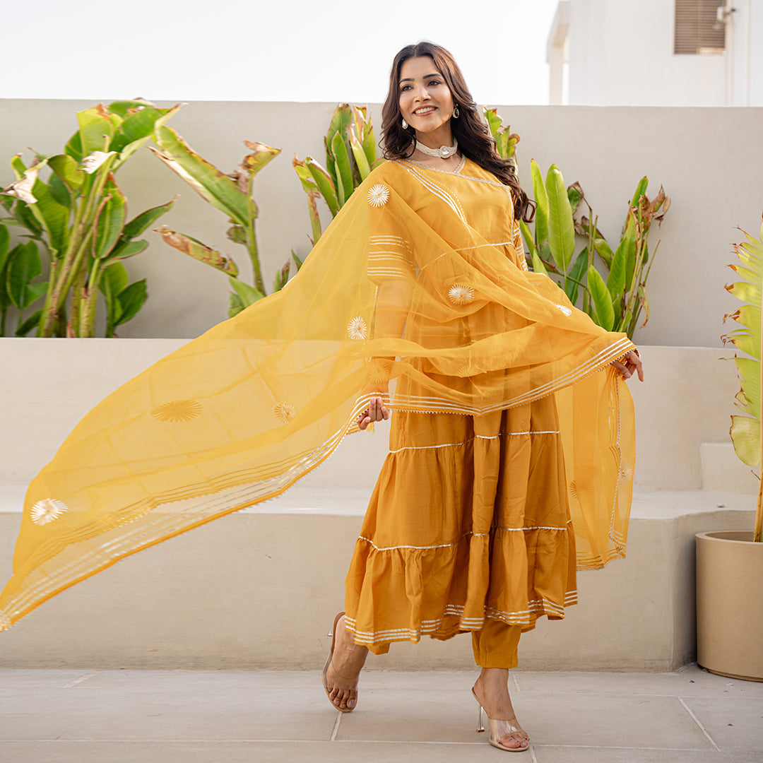 Mustard Yellow Gotta Patti Angrakha Muslin Cotton Festive Suit