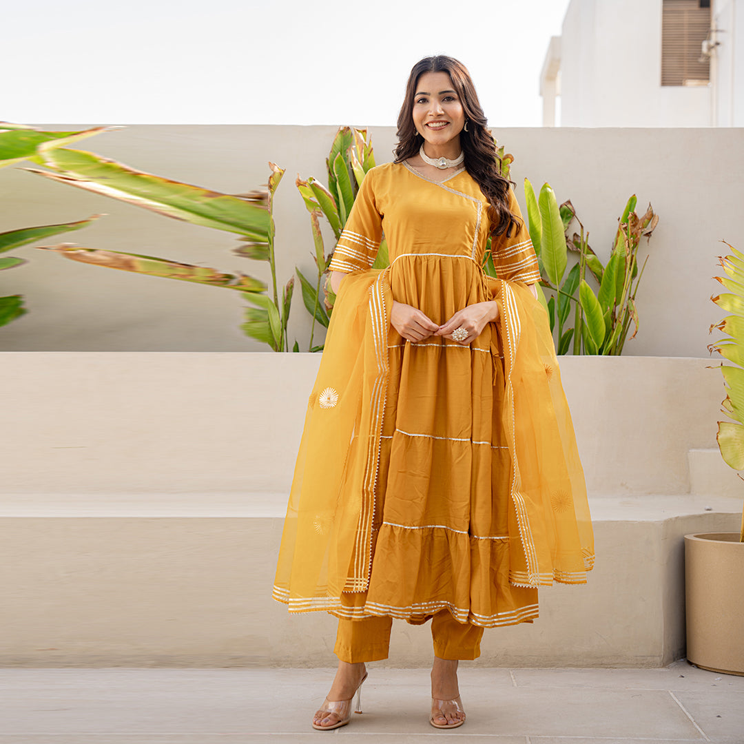 Mustard Yellow Gotta Patti Angrakha Muslin Cotton Festive Suit