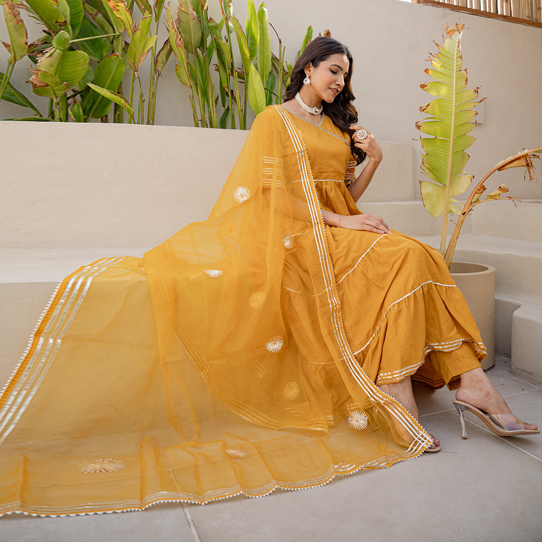 Mustard Yellow Gotta Patti Angrakha Muslin Cotton Festive Suit