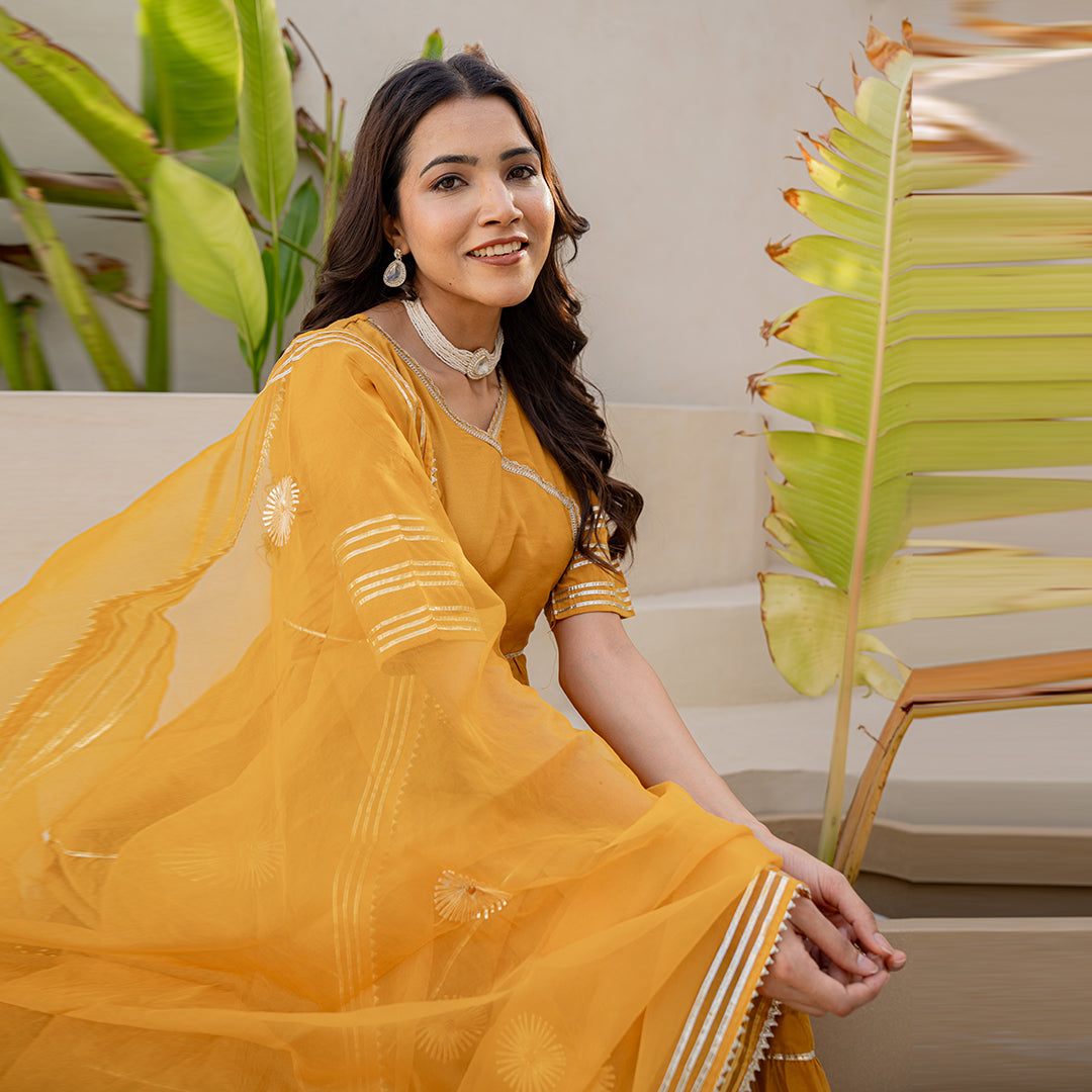 Mustard Yellow Gotta Patti Angrakha Muslin Cotton Festive Suit