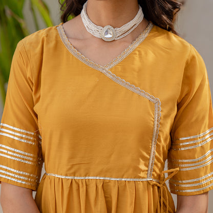 Mustard Yellow Gotta Patti Angrakha Muslin Cotton Festive Suit