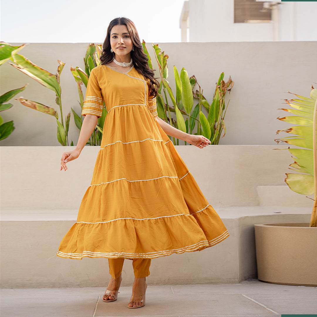 Mustard Yellow Gotta Patti Angrakha Muslin Cotton Festive Suit