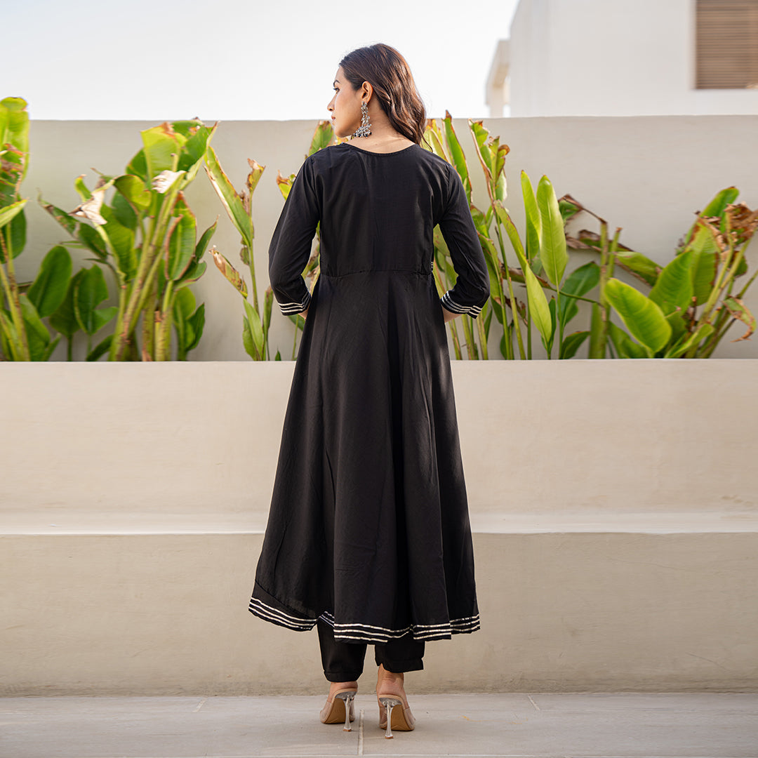 Elegant Black Gotta Patti Angrakha  Muslin Cotton Festive Suit