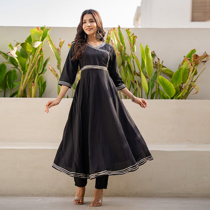 Elegant Black Gotta Patti Angrakha  Muslin Cotton Festive Suit