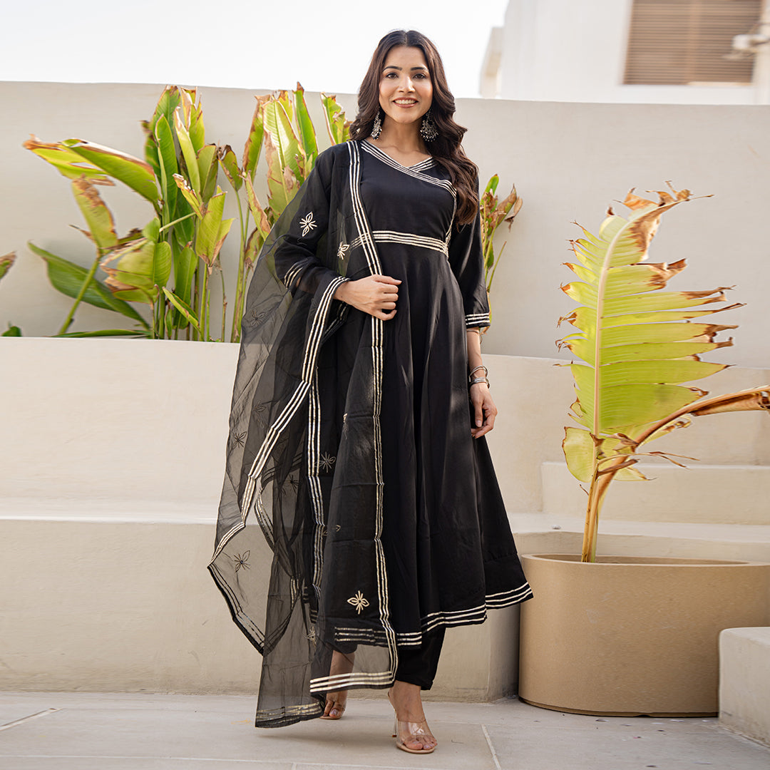 Elegant Black Gotta Patti Angrakha  Muslin Cotton Festive Suit