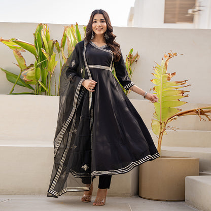 Elegant Black Gotta Patti Angrakha  Muslin Cotton Festive Suit