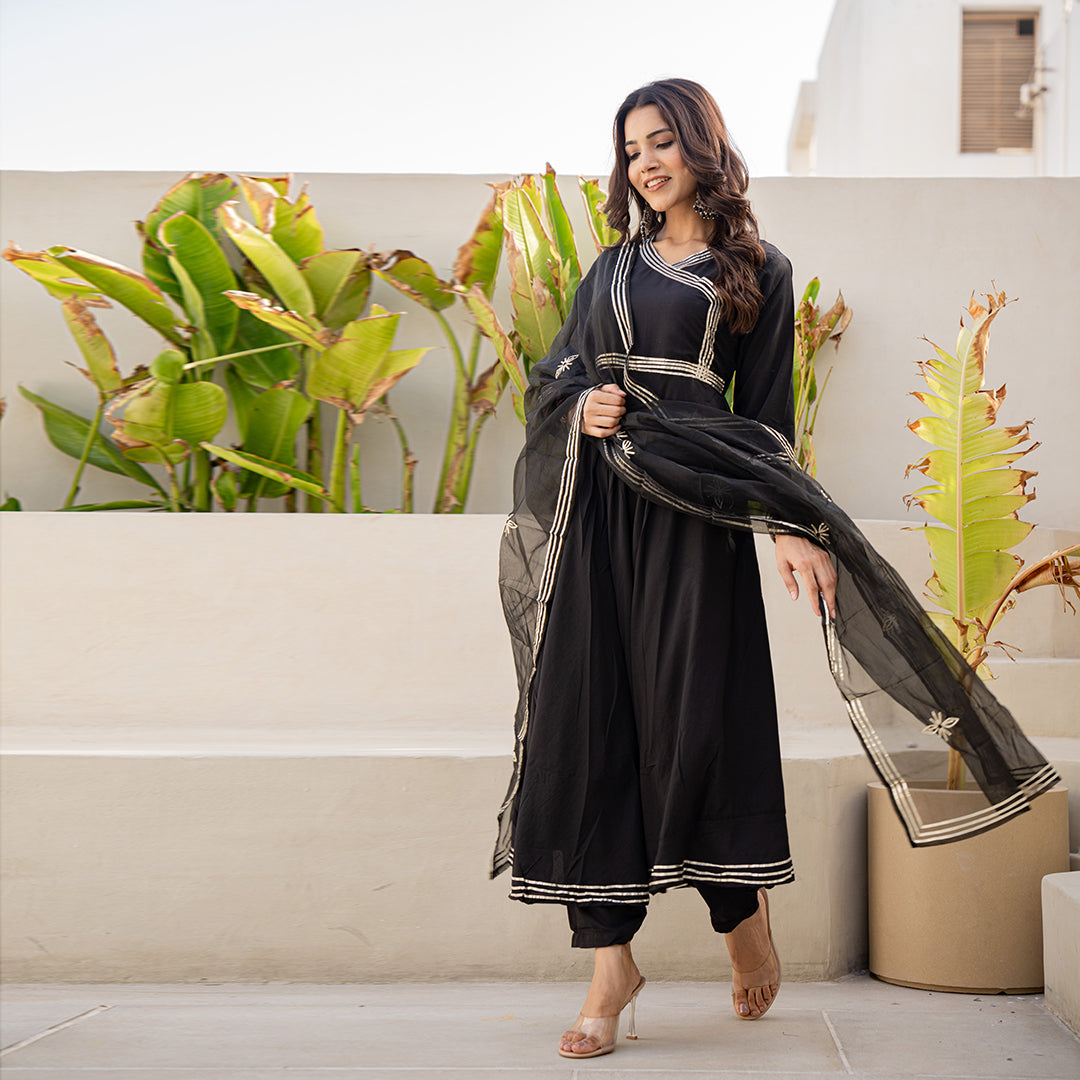 Elegant Black Gotta Patti Angrakha  Muslin Cotton Festive Suit