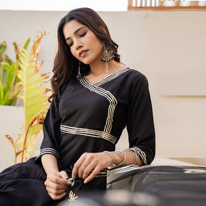 Elegant Black Gotta Patti Angrakha  Muslin Cotton Festive Suit