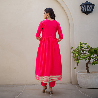 Rose Pink Gotta Patti Angrakha  Muslin Cotton Festive Suit