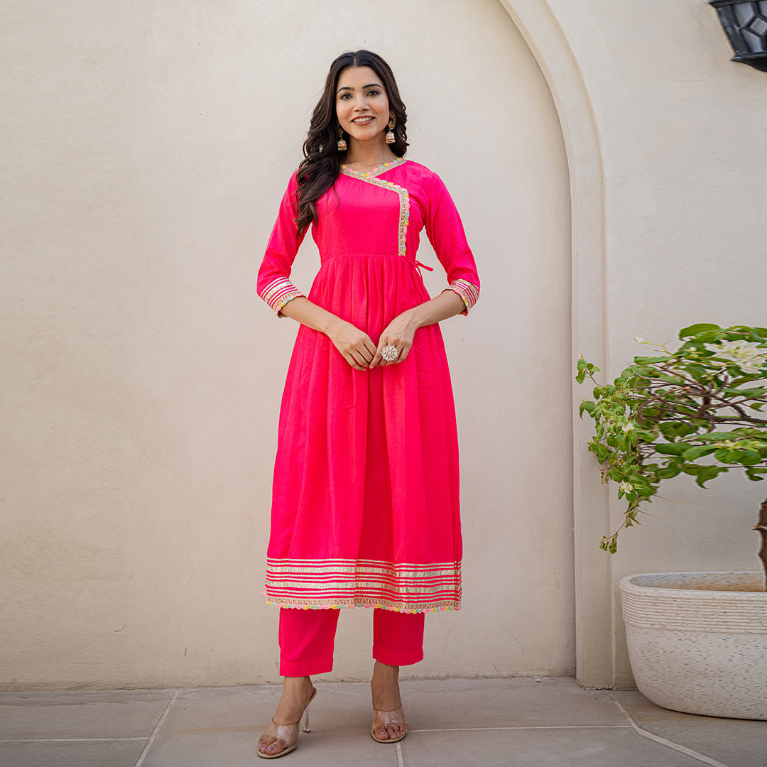 Rose Pink Gotta Patti Angrakha  Muslin Cotton Festive Suit