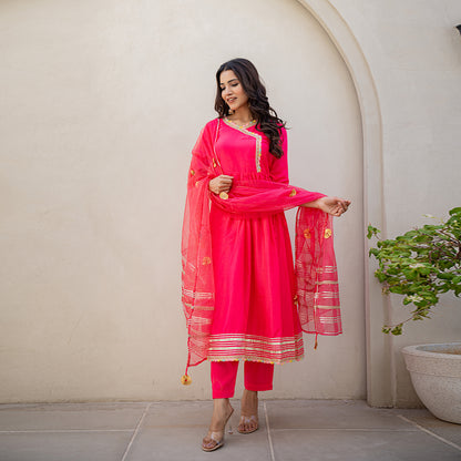 Rose Pink Gotta Patti Angrakha  Muslin Cotton Festive Suit