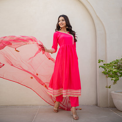 Rose Pink Gotta Patti Angrakha  Muslin Cotton Festive Suit