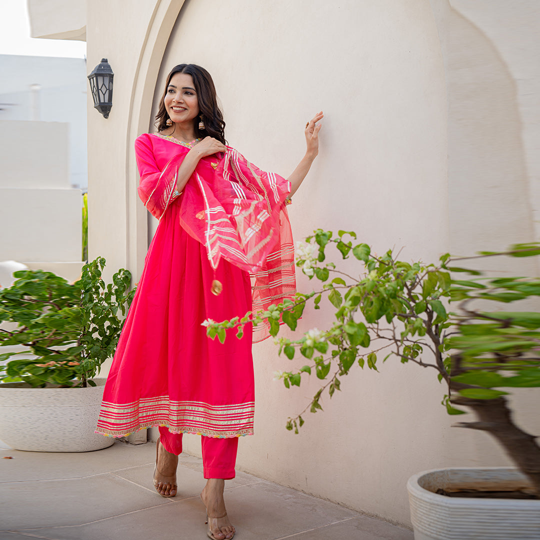 Rose Pink Gotta Patti Angrakha  Muslin Cotton Festive Suit