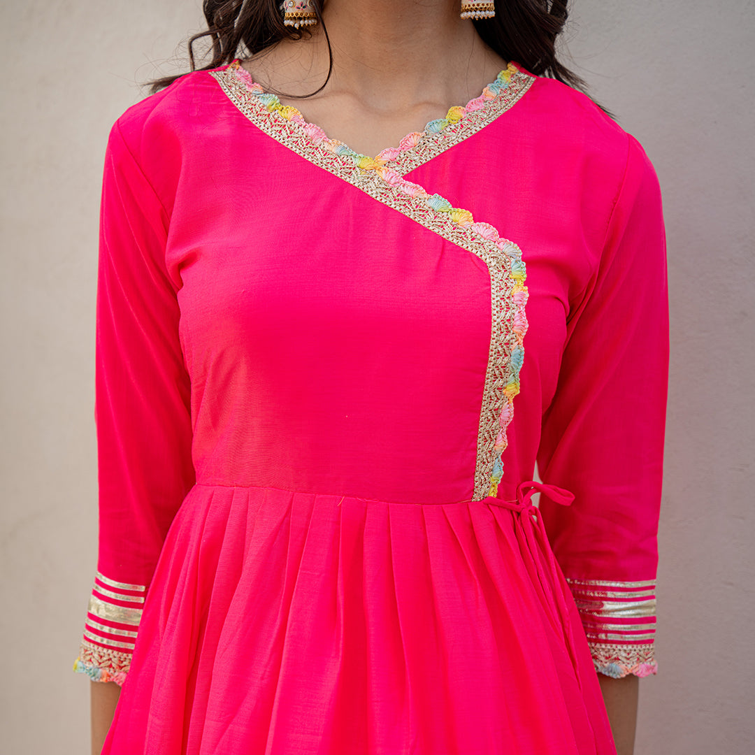 Rose Pink Gotta Patti Angrakha  Muslin Cotton Festive Suit