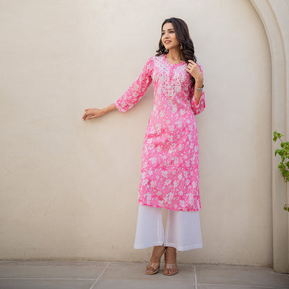 Pink with Floral Printed Hand Chikankari Cotton  Kurta