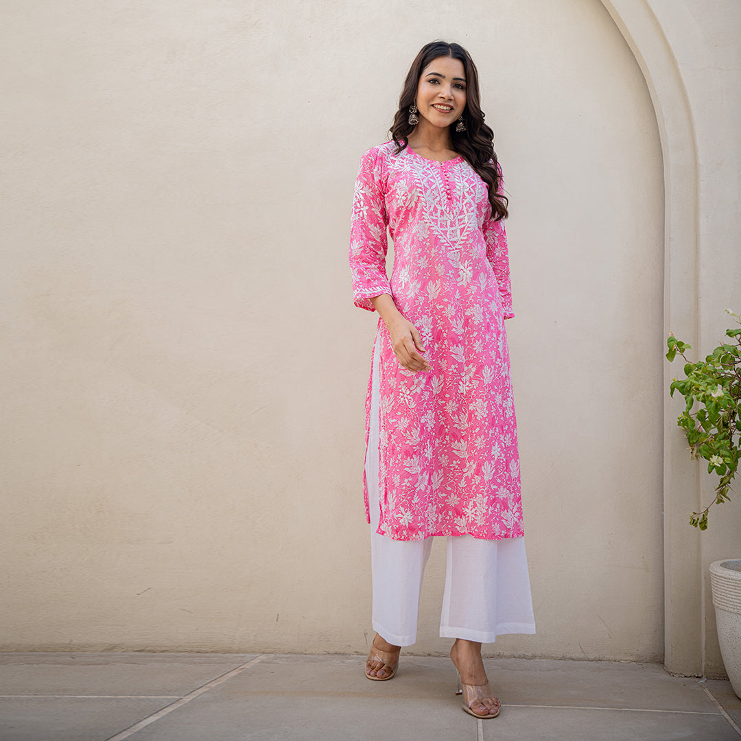 Pink with Floral Printed Hand Chikankari Cotton  Kurta