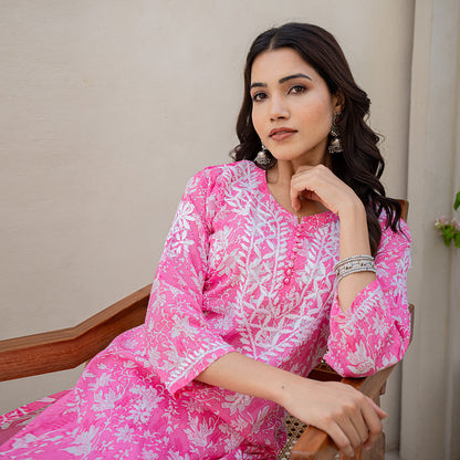 Pink with Floral Printed Hand Chikankari Cotton  Kurta