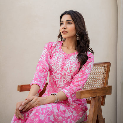 Pink with Floral Printed Hand Chikankari Cotton  Kurta