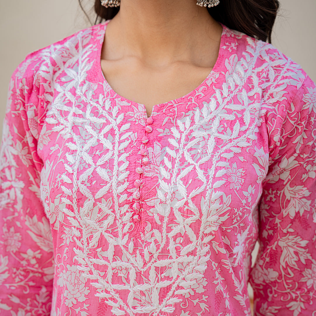 Pink with Floral Printed Hand Chikankari Cotton  Kurta