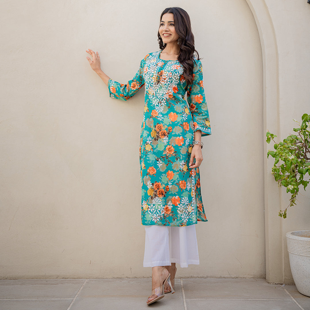 Emerald Green Floral  Digital  Printed  Hand Chikankari Cotton  Kurta