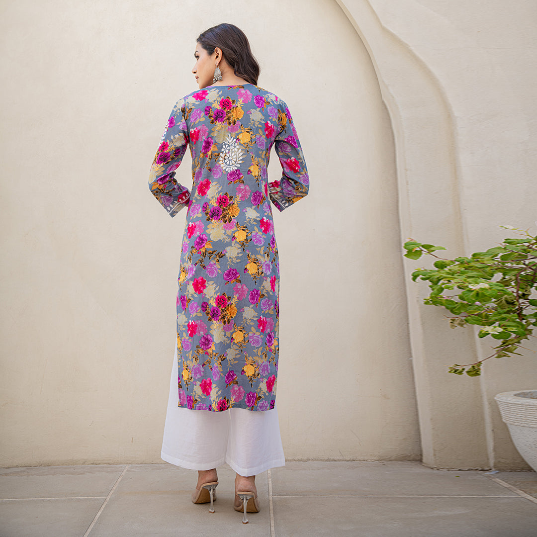 Multi Coloured Floral Printed Hand Chikankari Cotton  Kurta