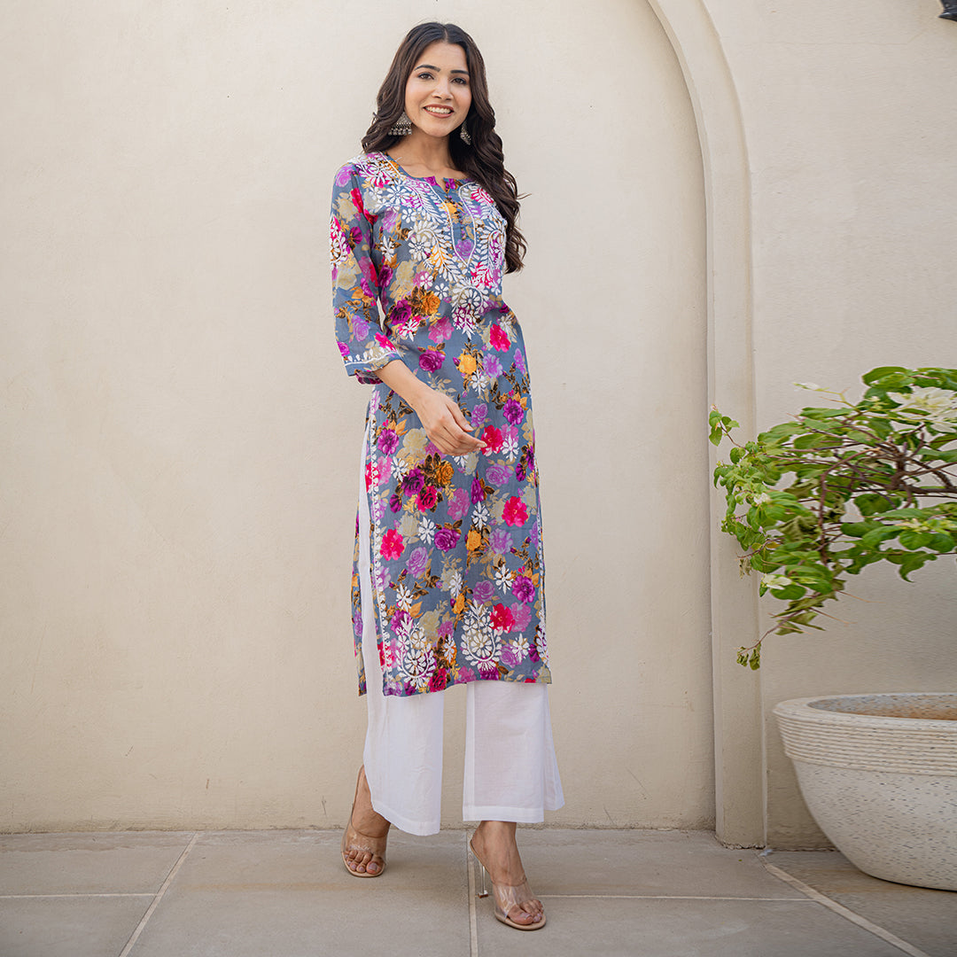 Multi Coloured Floral Printed Hand Chikankari Cotton  Kurta