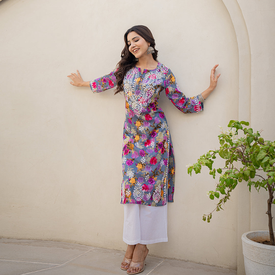 Multi Coloured Floral Printed Hand Chikankari Cotton  Kurta