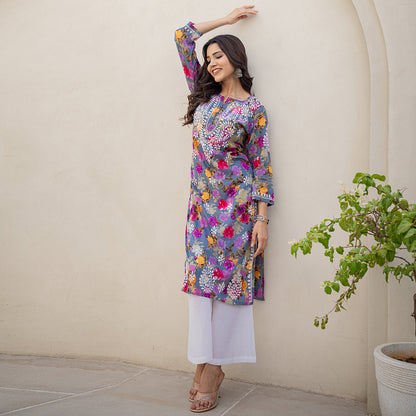 Multi Coloured Floral Printed Hand Chikankari Cotton  Kurta