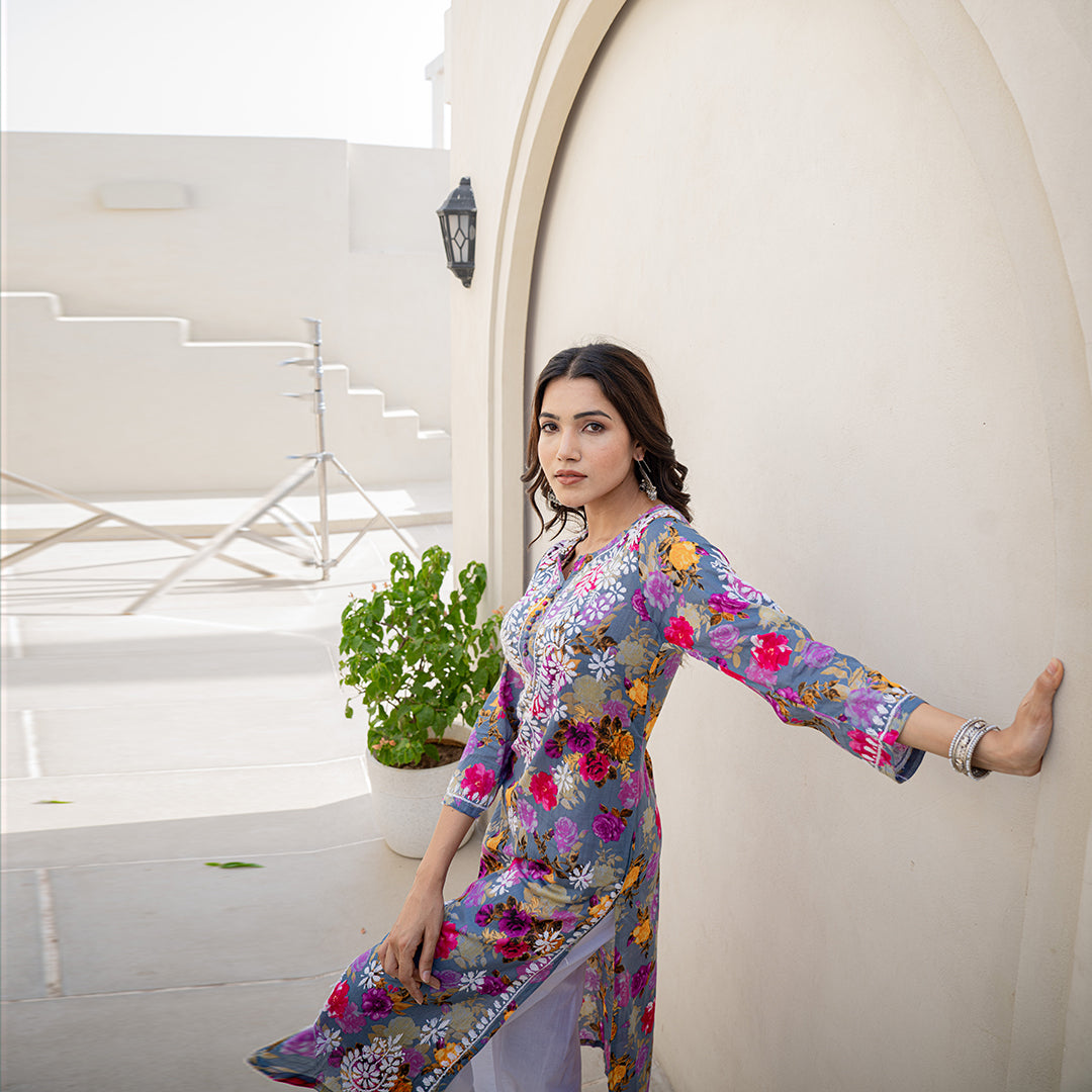 Multi Coloured Floral Printed Hand Chikankari Cotton  Kurta