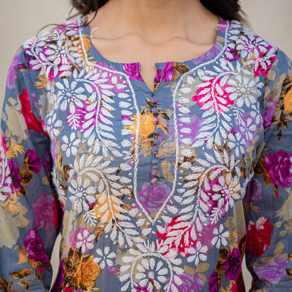 Multi Coloured Floral Printed Hand Chikankari Cotton  Kurta