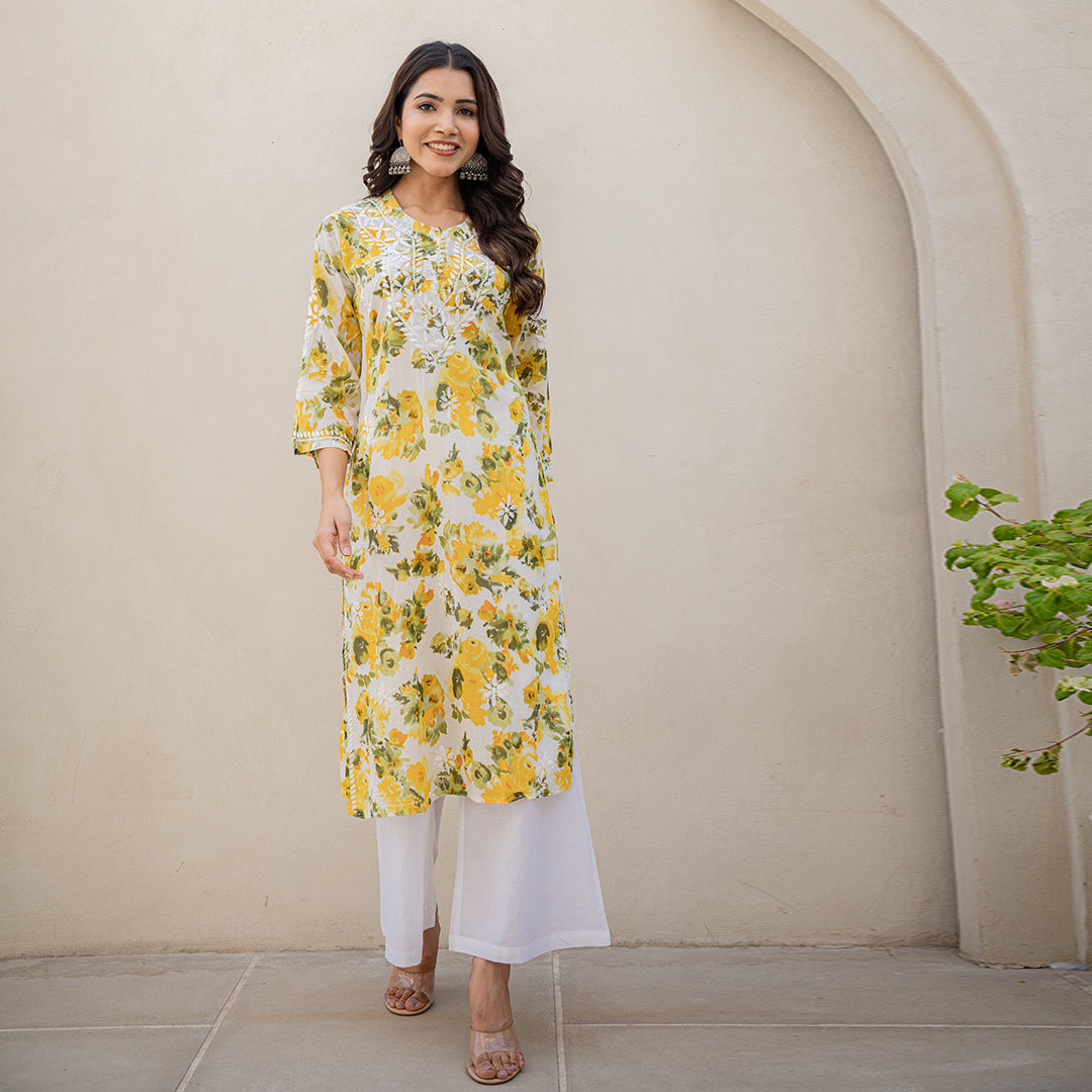 Yellow Blossom Floral Printed Hand-Chikankari Cotton  Kurta