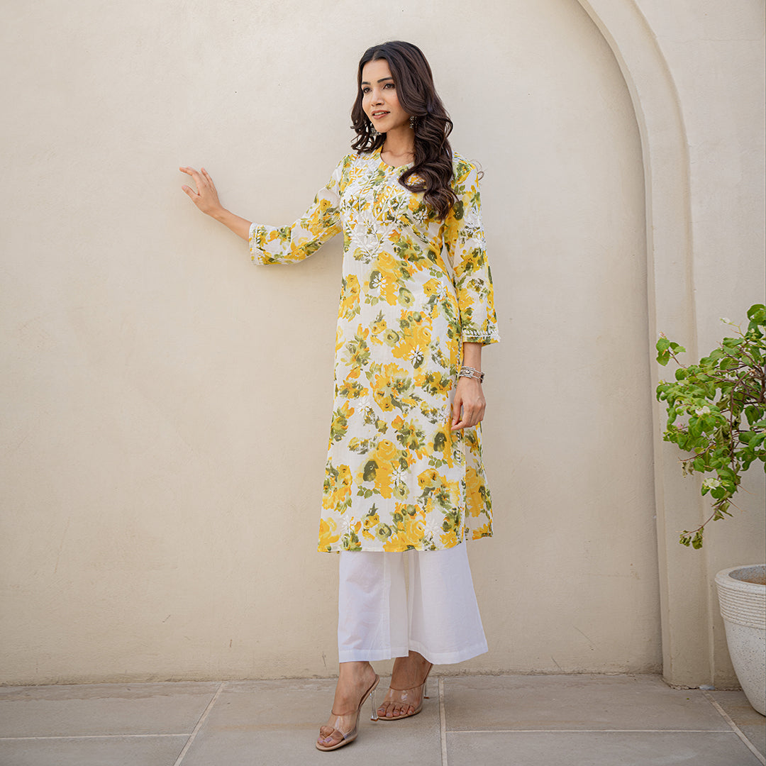 Yellow Blossom Floral  Printed Hand-Chikankari Cotton  Kurta