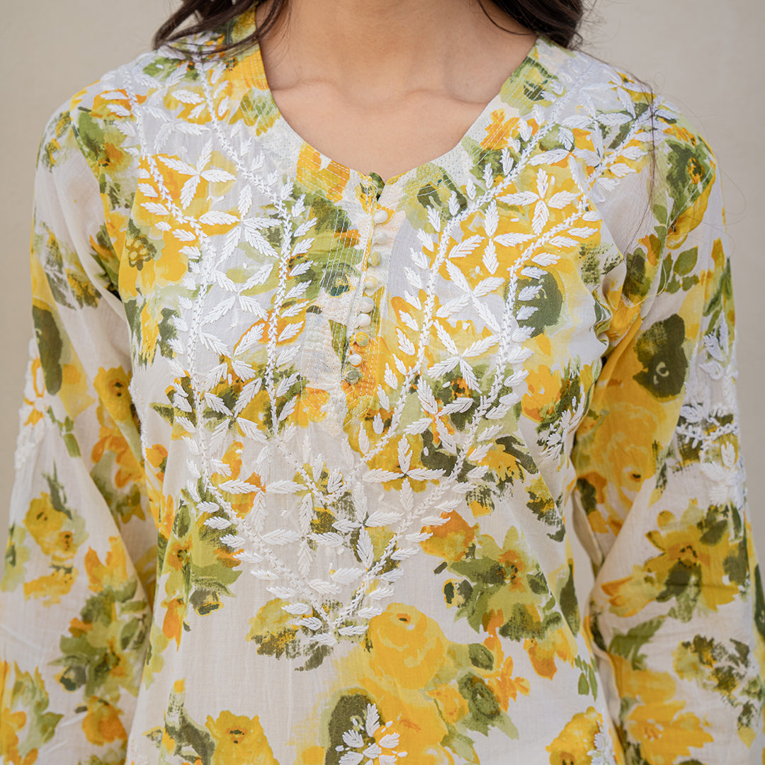 Yellow Blossom Floral Printed Hand-Chikankari Cotton  Kurta