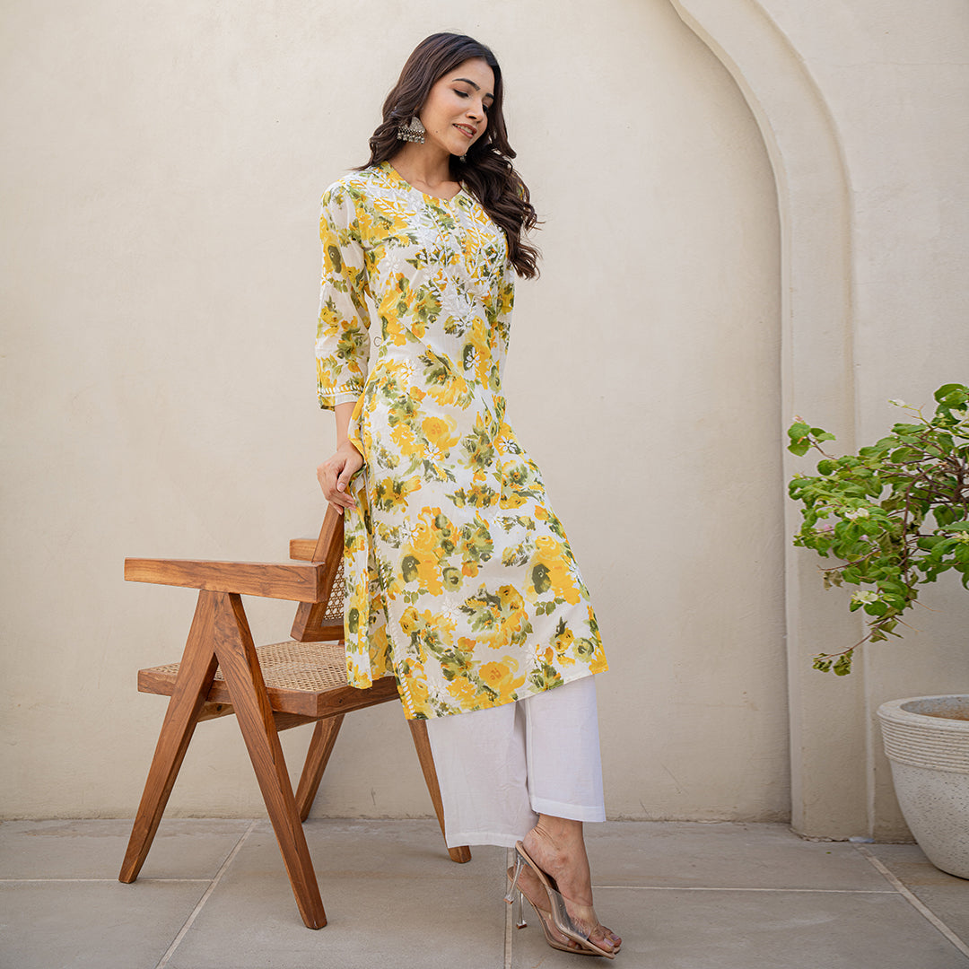 Yellow Blossom Floral Printed Hand-Chikankari Cotton  Kurta