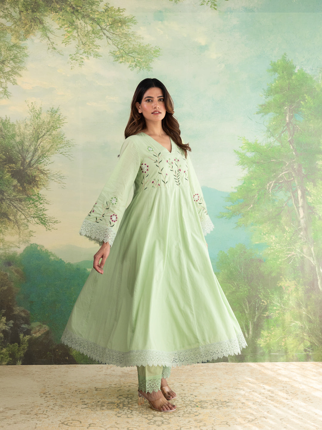 Miraaya Pista Green Anarkali Cotton suit