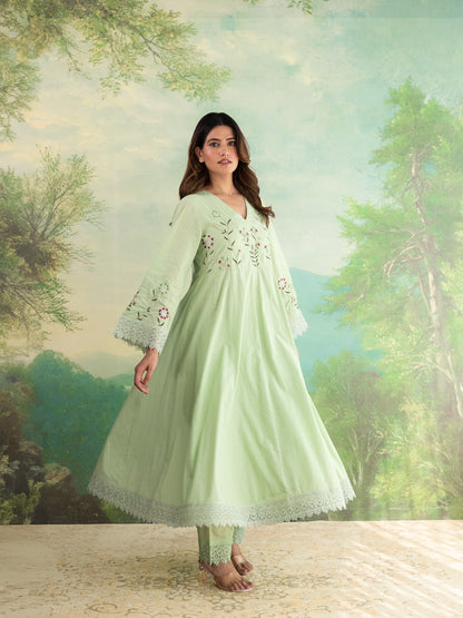 Miraaya Pista Green Anarkali Cotton suit