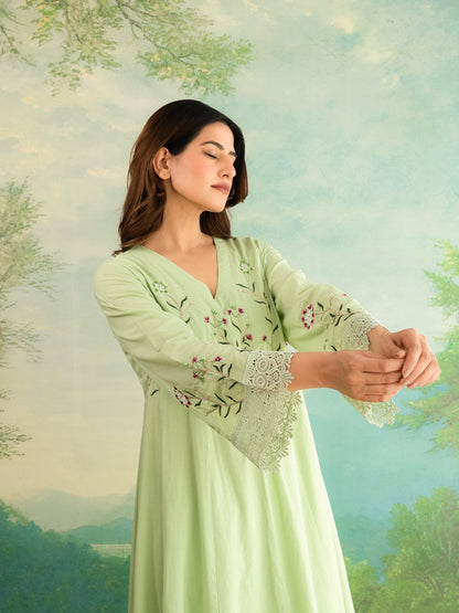 Miraaya Pista Green Anarkali Cotton suit