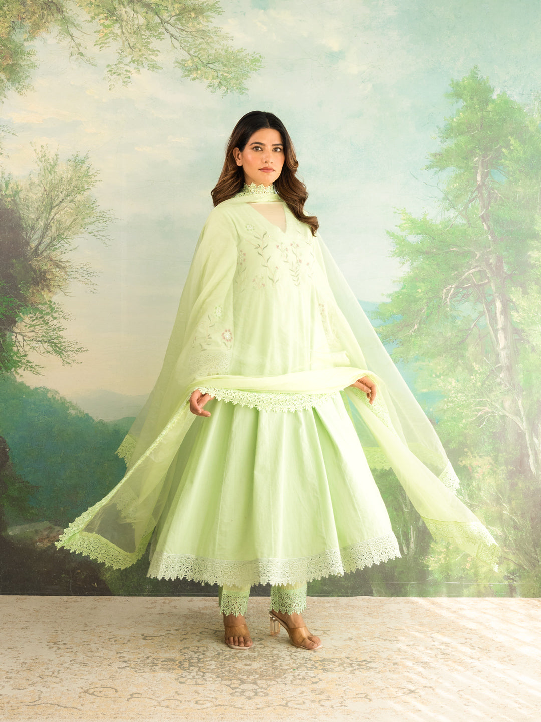 Miraaya Pista Green Anarkali Cotton suit