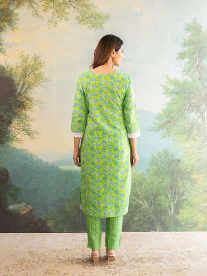 Floral Parrot Green Lace Work Cotton Suit