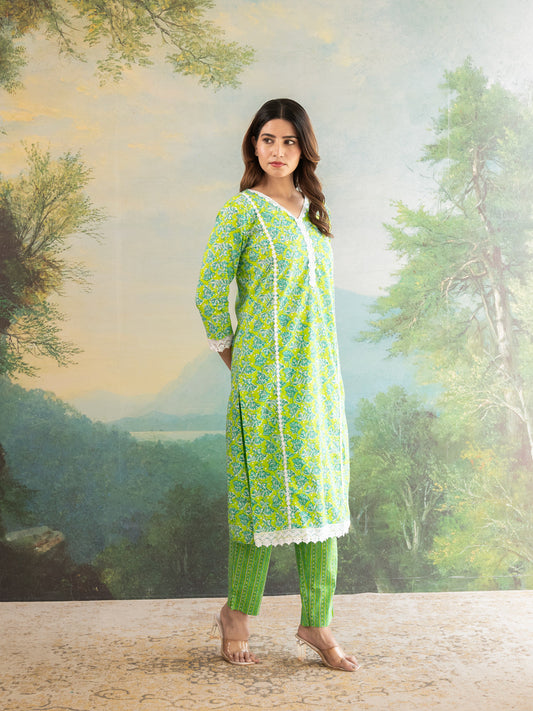 Floral Parrot Green Lace Work Cotton Suit